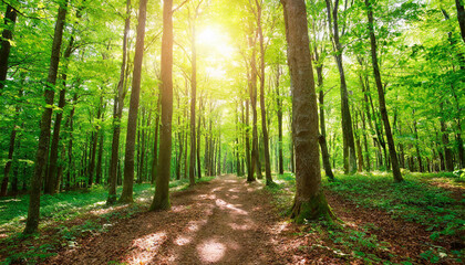 Fototapeta premium Beautiful forest in spring with bright sun shining through the trees