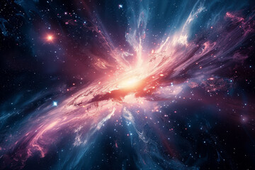 A galaxy with a bright pink center and blue and purple swirls