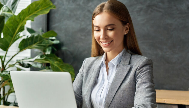 Closeup immage of young beautiful joyful woman smiling while working with laptop in office