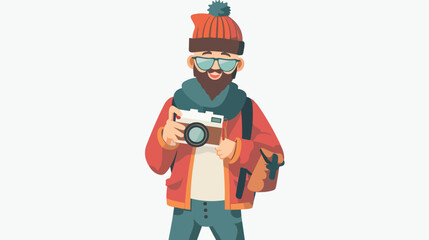 Hipster Boy drink coffee and take a photo Flat vector