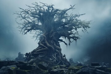 Fototapeta premium A giant, ancient tree, surrounded by a mysterious mist