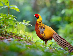 Fototapeta premium Golden Pheasant - Chrysolophus pictus in green nature