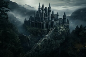 A mysterious castle, perched atop a mountain, surrounded by a dark and foreboding forest - obrazy, fototapety, plakaty
