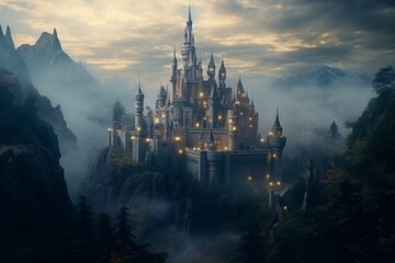 A mysterious castle in a foggy landscape, with a magical atmosphere - obrazy, fototapety, plakaty