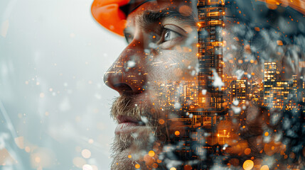 Double exposure combines a man's face and the structures of some kind of construction building. An engineer wearing a construction worker's helmet.