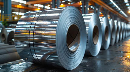 Large rolls of galvanized metal in the factory.