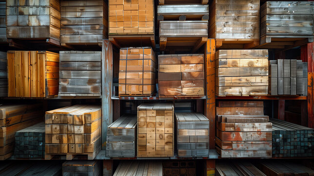 A building holds a large stock of wooden boxes, serving as a warehouse for various building materials like hardwood, bricks, and flooring.