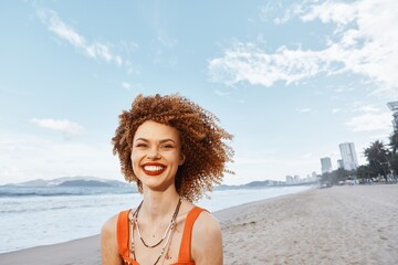 Happy Beach Traveler: Smiling Woman with Backpack Enjoying a Carefree Vacation in Nature