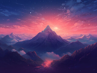 The height of a mountain with a view of the universe ,cute, elegant, fantasy, sharpen, graphic design, illustration