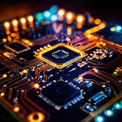 Computer circuit board, intricate electronic technology for cpu processor - obrazy, fototapety, plakaty