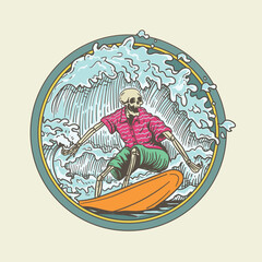 Surfer on the surfboard. Vector illustration in a badge style
