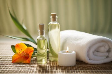 Bottles with oils, a white towel, a candle, and a flower on a light background.
