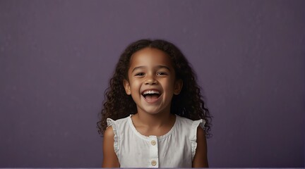 young british child girl on plain bright purple background laughing hysterically looking at camera background banner template ad marketing concept from Generative AI - obrazy, fototapety, plakaty