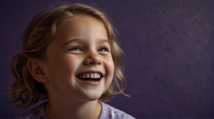 young caucasian child girl on plain bright purple background laughing hysterically looking at camera background banner template ad marketing concept from Generative AI