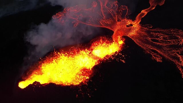 Aerial view of the volcano in Iceland with a lava field, eruption Volcano erupt litli hrutur Iceland