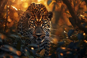 : A leopard prowling through the dense underbrush, bathed in the golden light of sunset - obrazy, fototapety, plakaty