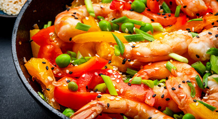 Hot stir fry shrimps with colorful paprika, green peas, chives and sesame seeds with ginger, garlic...