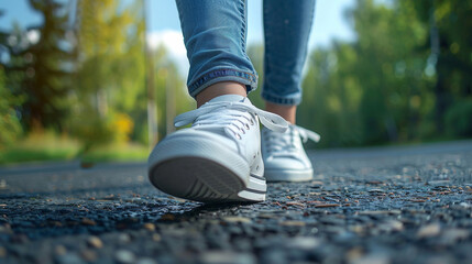 A girl in jeans and white sneakers walks on the asphalt in close-up