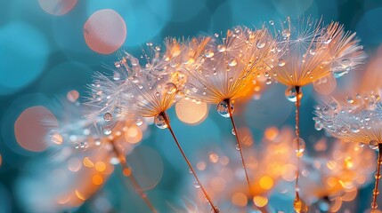 Dandelion seeds in water droplets 