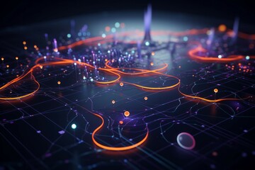 A futuristic infographic with 3D wave points and bright colors forming a complex network of shapes and curves
