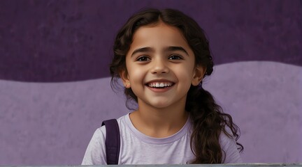 young middle eastern child girl on plain bright purple background laughing hysterically looking at camera background banner template ad marketing concept from Generative AI