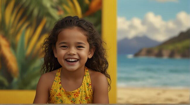 Fototapeta young native hawaiian child girl on plain bright yellow background laughing hysterically looking at camera background banner template ad marketing concept from Generative AI