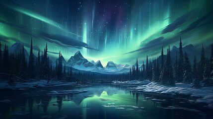Aurora borealis reflected on a frozen lake, ethereal lights, wallpaper. - obrazy, fototapety, plakaty