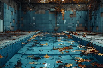 : A long-deserted swimming pool, with leaves and dirt collecting in the deep blue, surrounded by crumbling tiles and fences