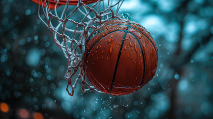 Naklejka premium basketball ball in a net close up on the street