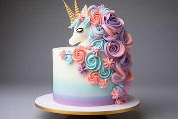 A whimsical unicorn cake adorned with colorful flowers and featuring the majestic head of a unicorn. Generative AI