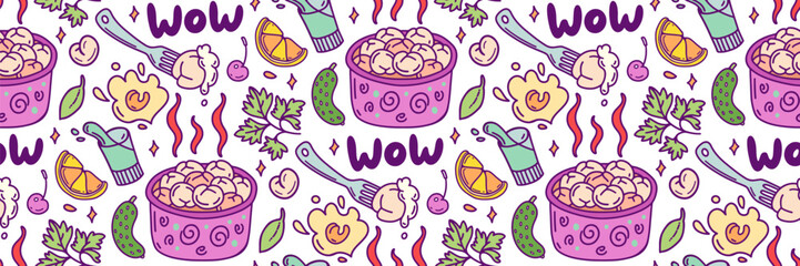 Meat dumplings color pattern. Dough and meat products background doodles. Pelmeni and sour cream.