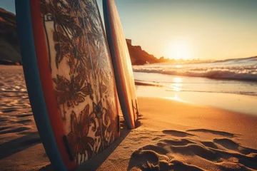 Foto auf Acrylglas a beach with surfboards in the background, illuminated by the light of the setting sun © Michael Böhm
