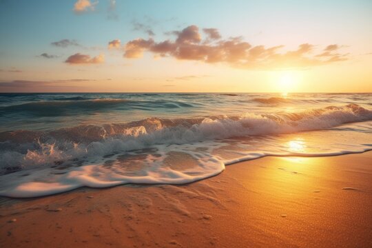 a tranquil beach at sunset, with the sun setting in the distant horizon, the waves gently rolling onto the shore, and the sand glimmering in the golden light