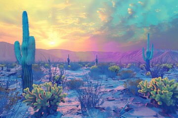 : A mesmerizing, surreal desert with giant, mirage-like cacti and a glowing, iridescent horizon,
