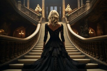 Woman in black dress walking down a grand staircase - obrazy, fototapety, plakaty