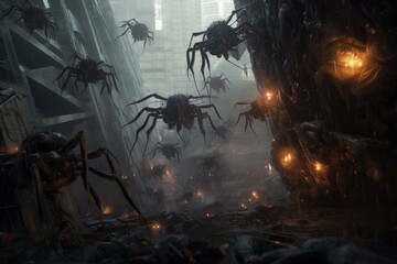 Fototapeta na wymiar Alien insects invading futuristic city.