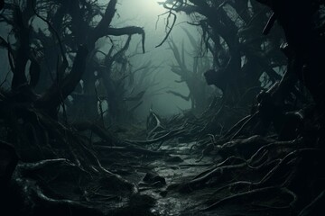 Spooky forest with twisted trees and mist