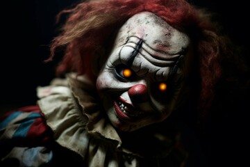 Sinister clown doll in dark room
