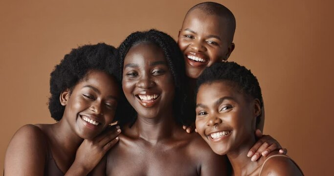 Face, beauty and happy black woman friends in studio on a brown background for natural wellness. Portrait, skincare and smile with a group of people together for support, empowerment or unity