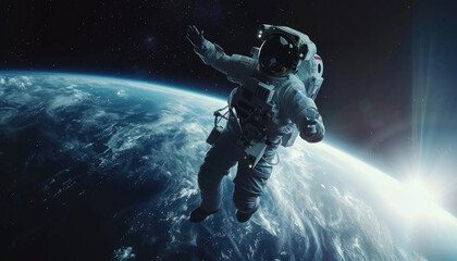 Fototapeta na wymiar A man in a spacesuit is floating in space above the Earth by AI generated image