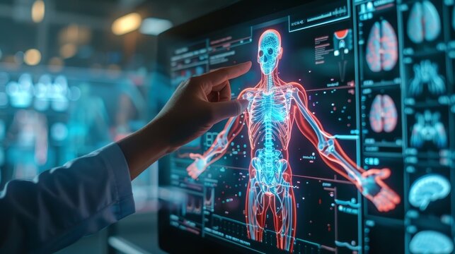 A person is pointing at a computer monitor displaying a 3D image of a human body. The image is in red and blue, and the person's hand is hovering over the skeleton