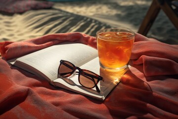 Beach towel with sunglasses, book, and drink - obrazy, fototapety, plakaty