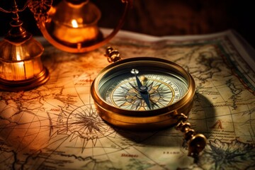 Compass on a vintage map with magnifying glass