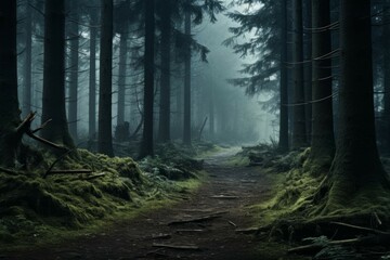 Misty forest with winding path