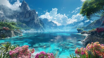 A beautiful blue lake with mountains in the background. The water is calm and clear, and there are many flowers surrounding the lake. The scene is peaceful and serene, and it evokes a sense of calm