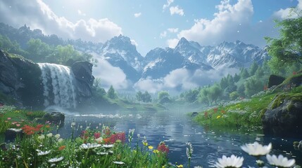 A beautiful mountain landscape with a waterfall and a river. The water is clear and calm, and the surrounding area is filled with colorful flowers. The scene is peaceful and serene