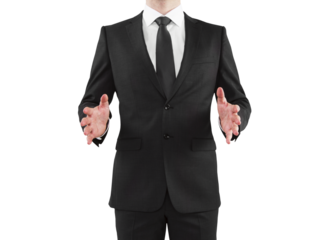 A man in a black suit and white shirt offering a handshake against a white background, concept of greeting or agreement