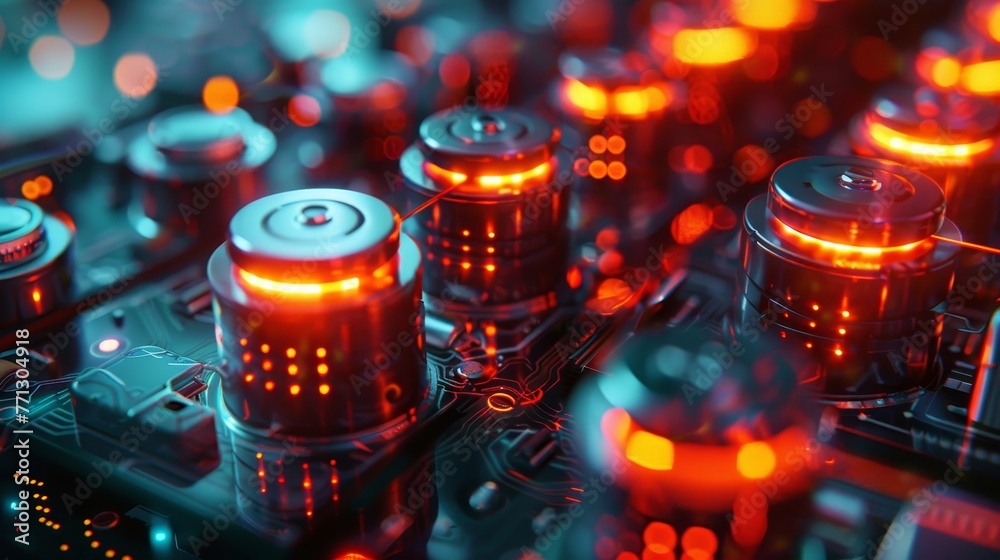 Poster a close up of a circuit board with many small glowing buttons. concept of technology and innovation,