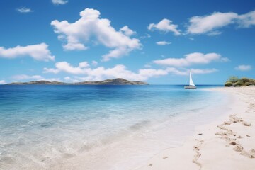 A deserted beach with crystal clear water and a lone sailboat on the horizon.