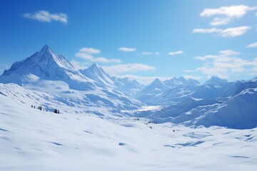Fototapeta na wymiar A snow-covered mountain range with a clear blue sky.